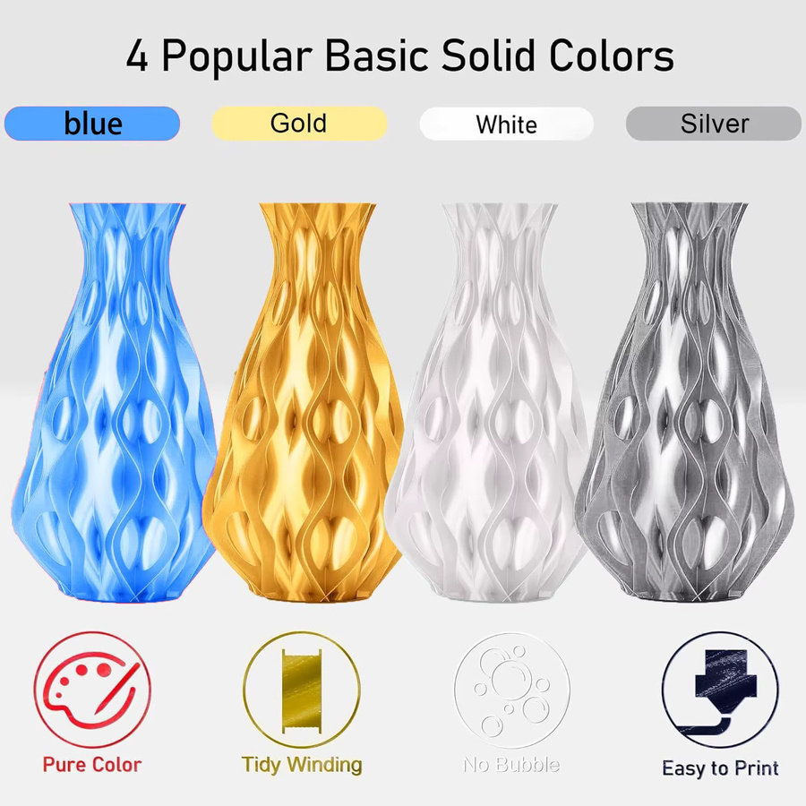 MANLANG PLA Seidenfilament 1,75mm für FDM-Drucker, Mehrfarbig 4er-Pack (4x250g: Blau, Silber, Gold, Weiß) - Bild 1