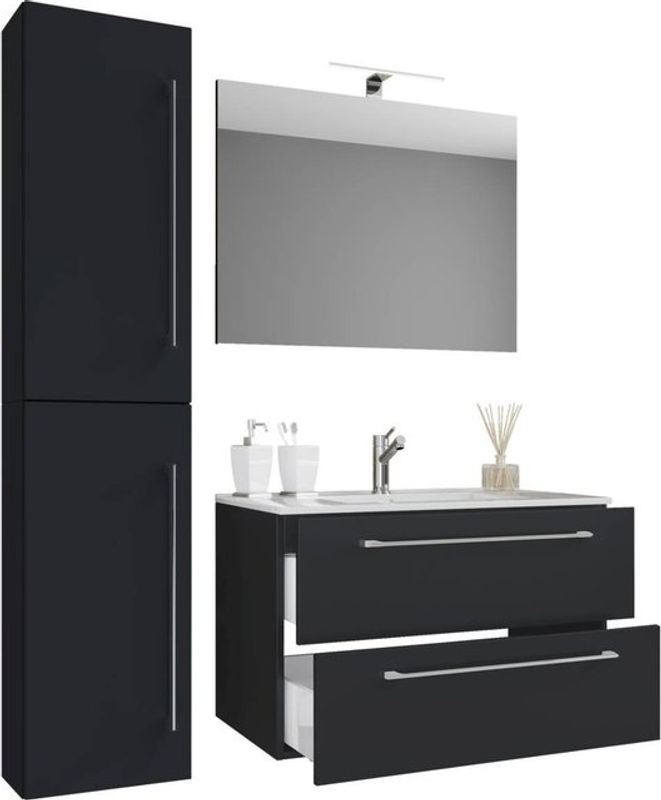 VCM Badinos 4-tlg. Badmöbel Set in Schwarz Matt mit Keramik-Waschtisch, Unterschrank, Hochschrank und Spiegel, B/H/T: 81 x 151 x 46 cm - Bild 2