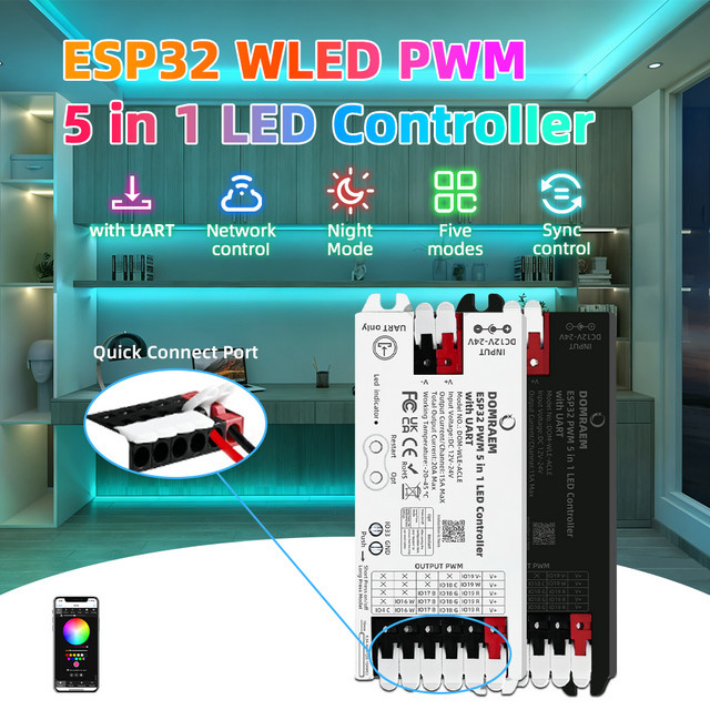 DOMRAEM WLED PWM 5-in-1 Smart Controller mit UART für DIY-Programmierung ESP32, kompatibel mit Alexa, Google Assistant und Home Assistant, für RGB RGBCCT LED-Streifen - Bild 1