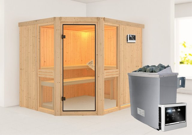 Karibu Sauna Anina 3 Bio-Kombisauna aus Fichte in Braun mit 9,0 kW Bio-Ofen und externem Steuergerät B/T/H: 231 x 196 x 198 cm - Bild 1