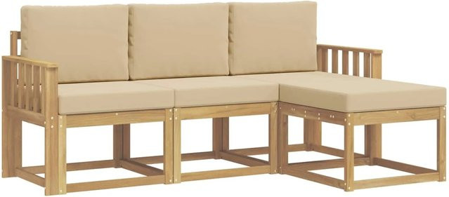 vidaXL Outdoor-Sofagarnitur 4-teilig aus Akazienholz in L-Form mit beige-weißen Polstern - Bild 1