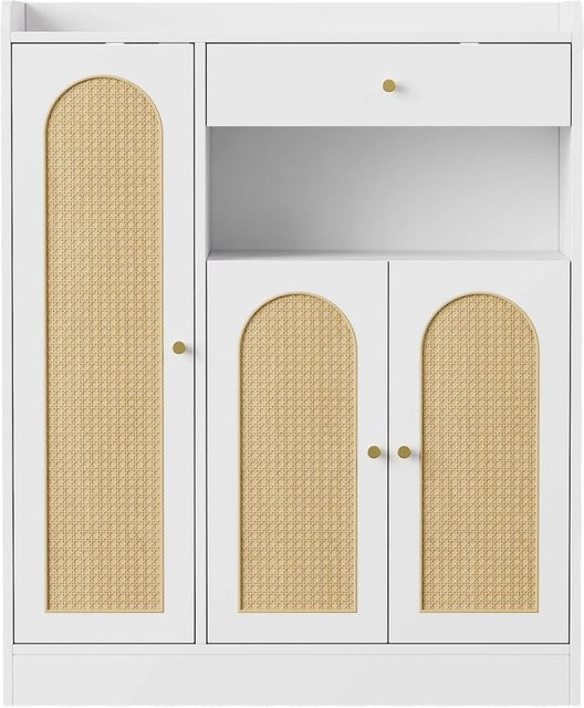 Merax Schuhschrank aus Rattan und MDF in Weiß und Beige mit 3 Türen, B/T/H: 90 x 35 x 110 cm - Bild 1