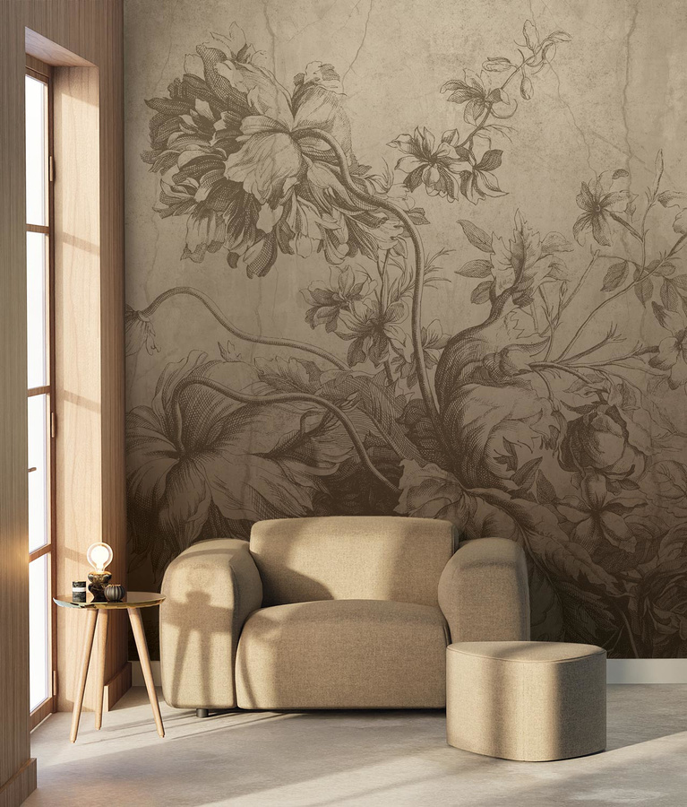 KEK Amsterdam Mural Gradient Flowers Uyterlinde Wandtattoo in Beige und Gold mit floralem Design, Breite: 390 cm - Bild 1