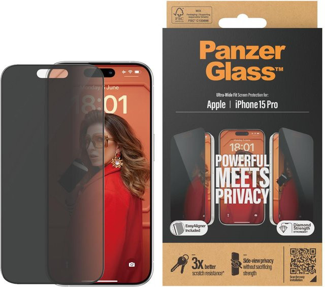 PanzerGlass Privacy Blickschutzfolie Ultra-Wide Fit für iPhone 15 Pro mit EasyAligner in Schwarz und Transparent - Bild 1