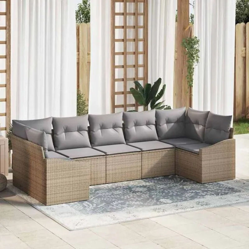Vidaxl Garten Essgruppe aus Polyrattan und Stahl mit 7 Teilen und Kissen in Beige und Grau - Bild 1