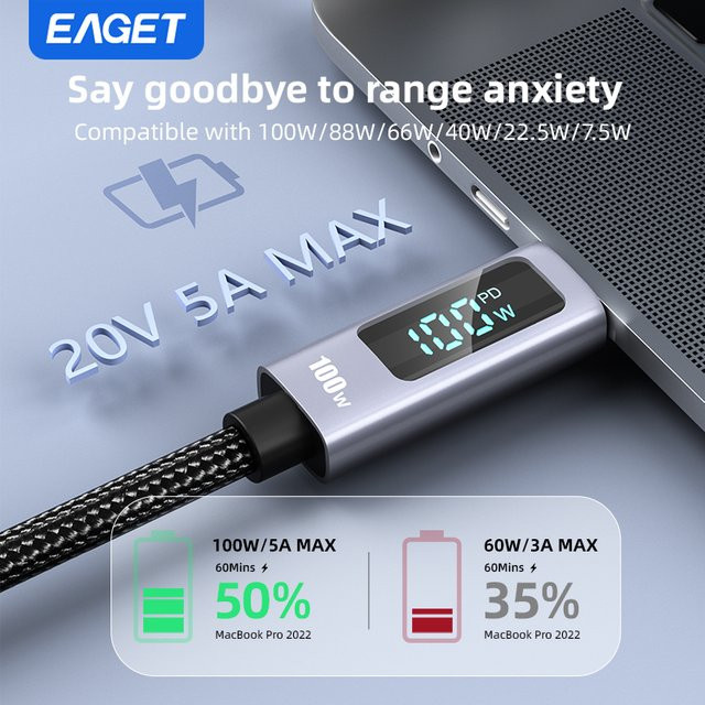 EAGET USB-C-auf-USB-C-Kabel mit digitaler Anzeige, 100W Leistung, E-Mark-Chip und 480 Mbit/s Datensynchronisation, Schwarz - Bild 1