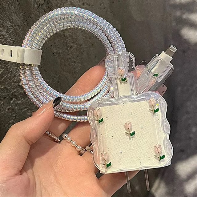 3D-Metall-Tulpe USB-Kabel-Organizer und Ladegerät-Schutzhülle mit Glitzer für iPhone-Adapter - Bild 1