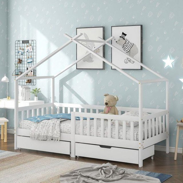 MUVOE Hausbett aus Massivholz mit 2 Schubladen und Sicherheitsgitter, Farbe Weiß, B: 90 cm, L: 200 cm - Bild 1