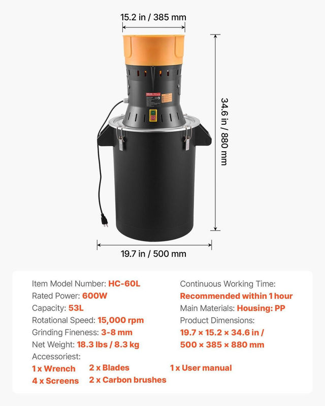 Elektrische Getreidemühle von Buying Solutions, MB mit 600W Leistung, Kommerzielle Gewürzmühle und Pulverisierer in Schwarz mit verzinkten Klingen für Trockengetreide, 53 l - Bild 4
