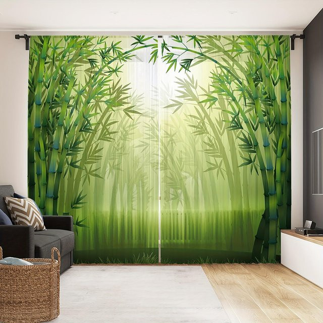 2er-Set halbtransparente Dekorvorhänge von Yiran Furniture mit grünem Eukalyptus-Blattmuster aus Polyester, Breite: 100 cm, Höhe: 130 cm - Bild 1