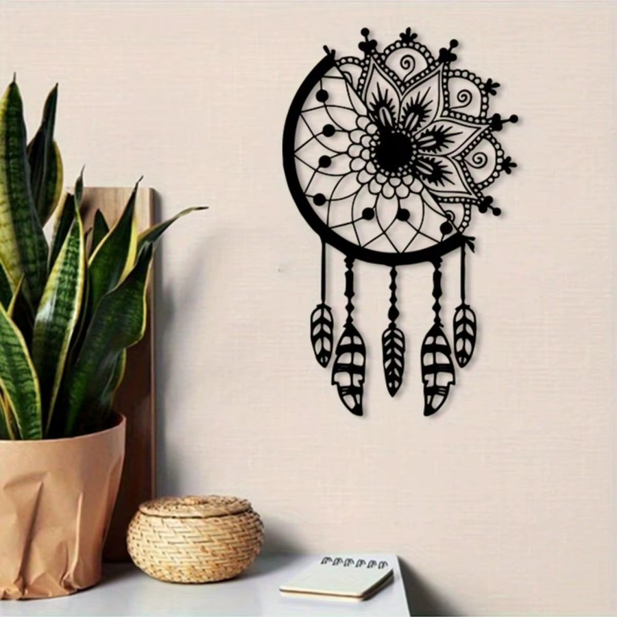 CIFBUY Boho Wandkunst Traumfänger aus Eisen in Schwarz mit Blumen und Federn - Bild 2