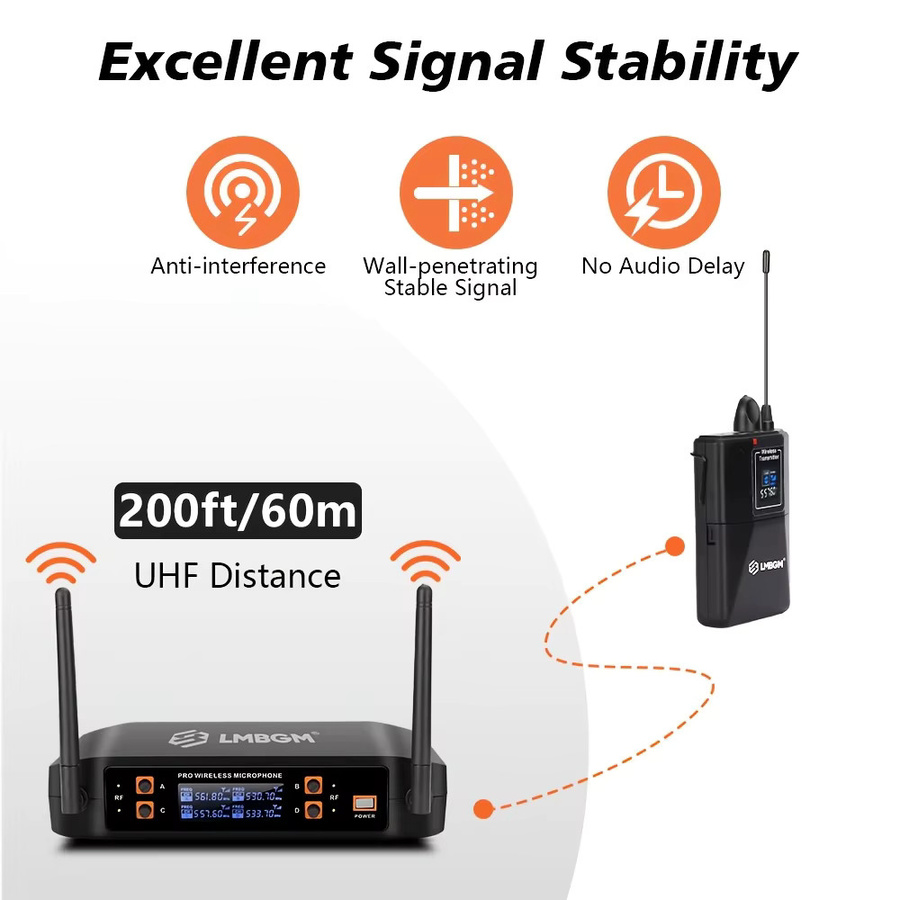LMBGM Drahtloses 4-Kanal Mikrofonsystem mit Lavalier- und Headset-Mikrofonen in Schwarz, UHF Dualband-Wireless-Set - Bild 3