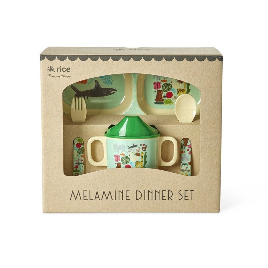 Rice Melamin Baby-Geschirrset mit Wildlife Print in Mint und Blau/Grün in der Geschenkbox - Bild 1