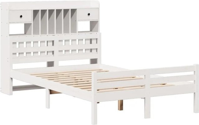 vidaXL Massivholzbett aus Kiefer mit Regal in Weiß, rustikaler Stil, B/T/H: 140 x 190 x 141 cm - Bild 1