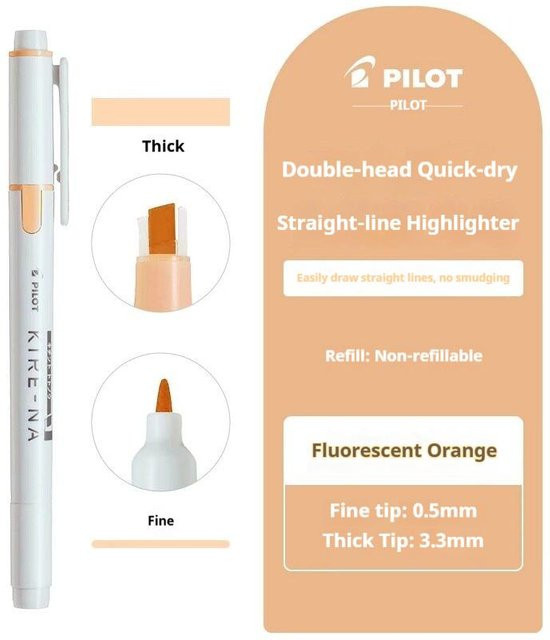 Pilot KIRE-NA Doppelgleisiger Soft-Spitzen-Textmarker in Orange mit 3,3 mm breiter Spitze und 0,5 mm feiner Spitze - Bild 1
