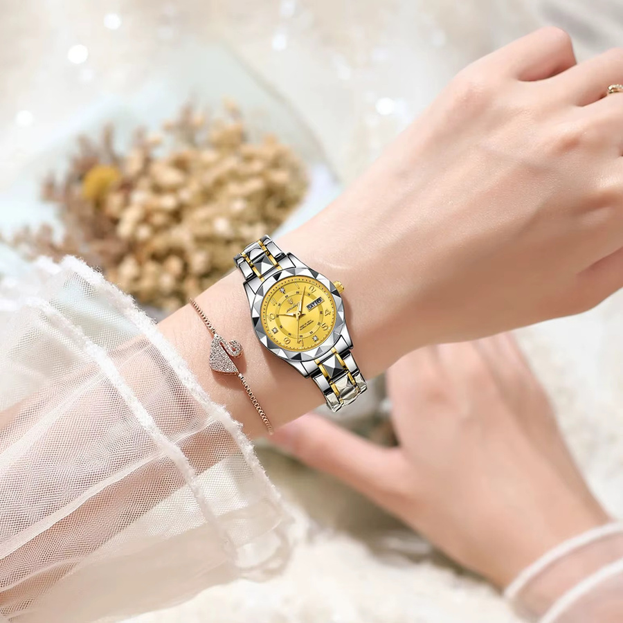 POEDAGAR Armbanduhr Damen, Quarz, Edelstahl, Datum, Wochentag, Gold - Bild 5