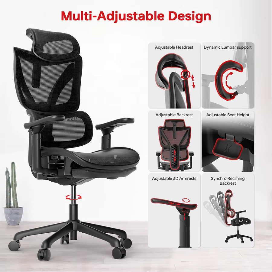ACGAM CG-5245M Ergonomischer Gaming-Stuhl in Schwarz mit atmungsaktivem Netzstoff, verstellbarer Lendenwirbelstütze, 3D-Armlehnen und 2D-verstellbarer Kopfstütze - Bild 4