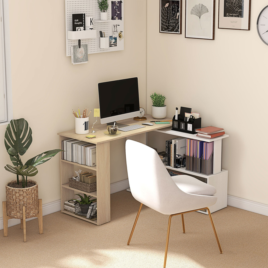HOMCOM Eckschreibtisch mit integriertem 3-stufigem Bücherregal, modularer Computertisch und Stauraum, weiß und Naturholz - Bild 2