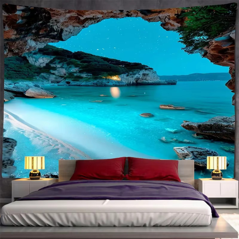 VIKAMA Wandteppich Strandlandschaft in Blau, moderner Wandbehang als Stoffdekoration für Wohnzimmer und Schlafzimmer, B/H: 60 x 40 cm - Bild 1