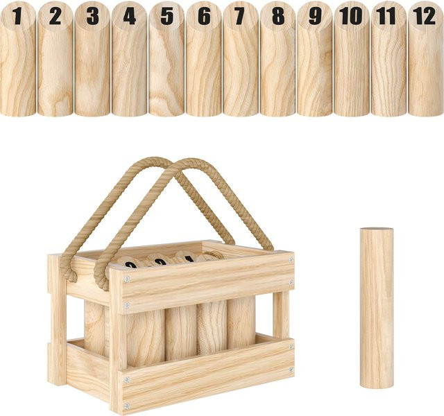 Aosom Mölkky Spiel, Wurfspiel, Holz, 12 Skittles, 1 Stock, Transportbox - Bild 1