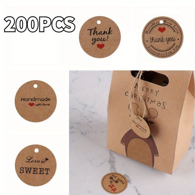 200 Stück Kraftpapier Etiketten in Braun als Thank You Hang Tags für Geschenktüten und Verpackungen - Bild 1