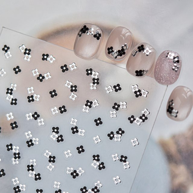 Rhstoe Nagelkunst Aufkleber, Schwarz-Weiß, Metallic, Blumen-Design - Bild 1