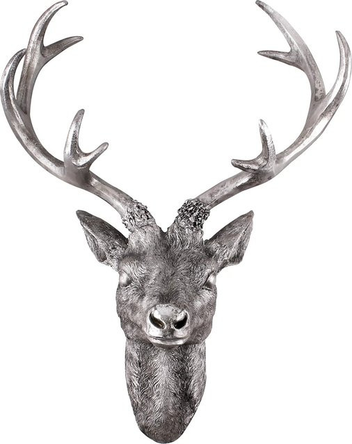 Mojawo Hirschkopf Skulptur in Silber Optik mit 10 Ender Geweih, B/T/H: 14 x 16 x 30 cm - Bild 1