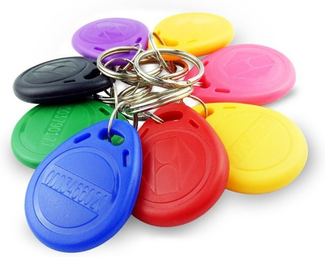 EM4100 RFID Keyfob Tags mit Schlüsselring und Aufkleber, 125 KHz Nur-Lese Proximity Chip, Grau und Mehrfarbig - Bild 1