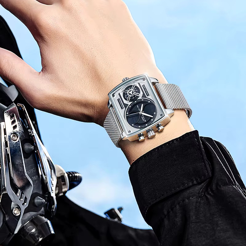 FEICE Armbanduhr, Herren, Quarz, eckig, Edelstahl, Schwarz, Doppelte Zeitzone - Bild 2