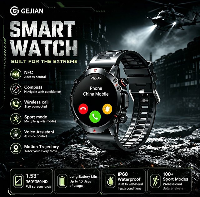 GEJIAN Sport- und Gesundheits-Smartwatch in Silber mit 1,53-Zoll-HD-Bildschirm, Herzfrequenzüberwachung, Bluetooth-Anruffunktion, GPS und IP67 Wasserdichtigkeit - Bild 1