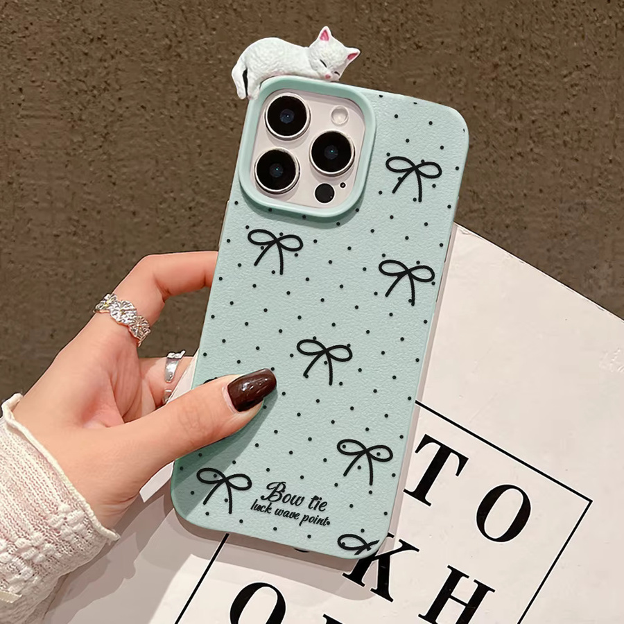 Schutzhülle mit 3D-Katzenmotiv und Schleife aus Soft Leder für Apple iPhone 17 Pro Max 16 15 14 13 12 11 Plus Air stoßfestes Cover - Bild 5