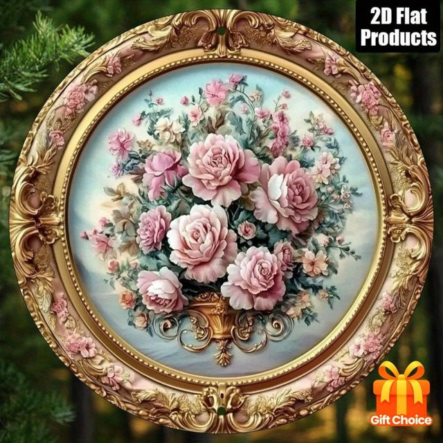 CIFBUY Vintage Wandkunst aus Metall mit rosa Rosen und floralem Design, runde Wanddekoration für Wohnzimmer und Büro - Bild 1