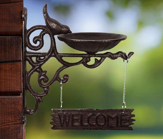 Rustikale Wandvogeltränke aus Gusseisen mit Welcome-Schild in Braun, B: 24,0 cm, H: 13,5 cm, T: 13,5 cm - Bild 1