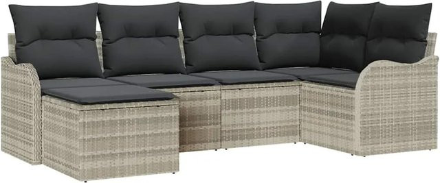 vidaXL Garten-Sofa-Set 6-teilig in L-Form mit Kissen und Ottoman, Hellgrau, Poly-Rattan und Metallrahmen - Bild 1
