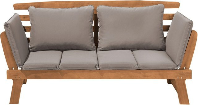 Beliani Gartenbank im Retro-Stil in hellem Holzfarbton mit beigefarbenen Polstern, B/T/H: 210 x 66 x 82 cm - Bild 1