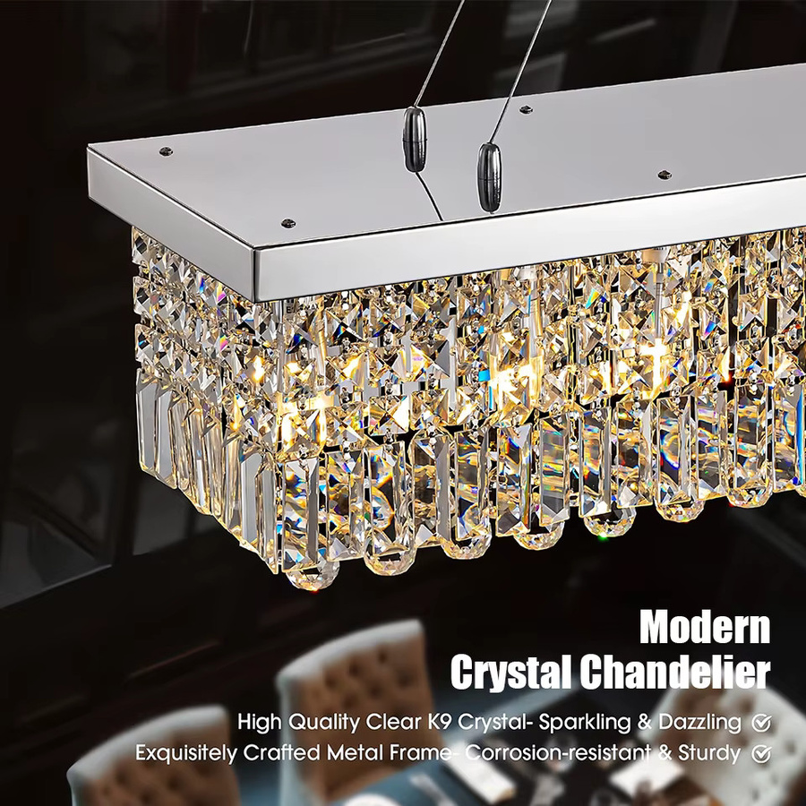 PIBAOGU Kristall-Kronleuchter als lineare LED-Pendelleuchte, 8-flammig, E14, transparent, Breite: 100 cm, Tiefe: 25 cm, Höhe: 100 cm - Bild 6