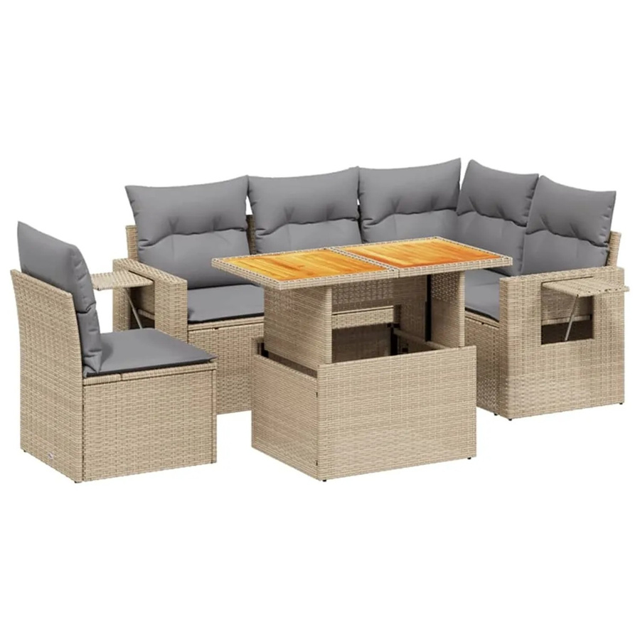 vidaXL 6-tlg Garten-Sofagarnitur in L-Form aus beige Poly Rattan mit Kissen und Akazienholz Modell 396 - Bild 2