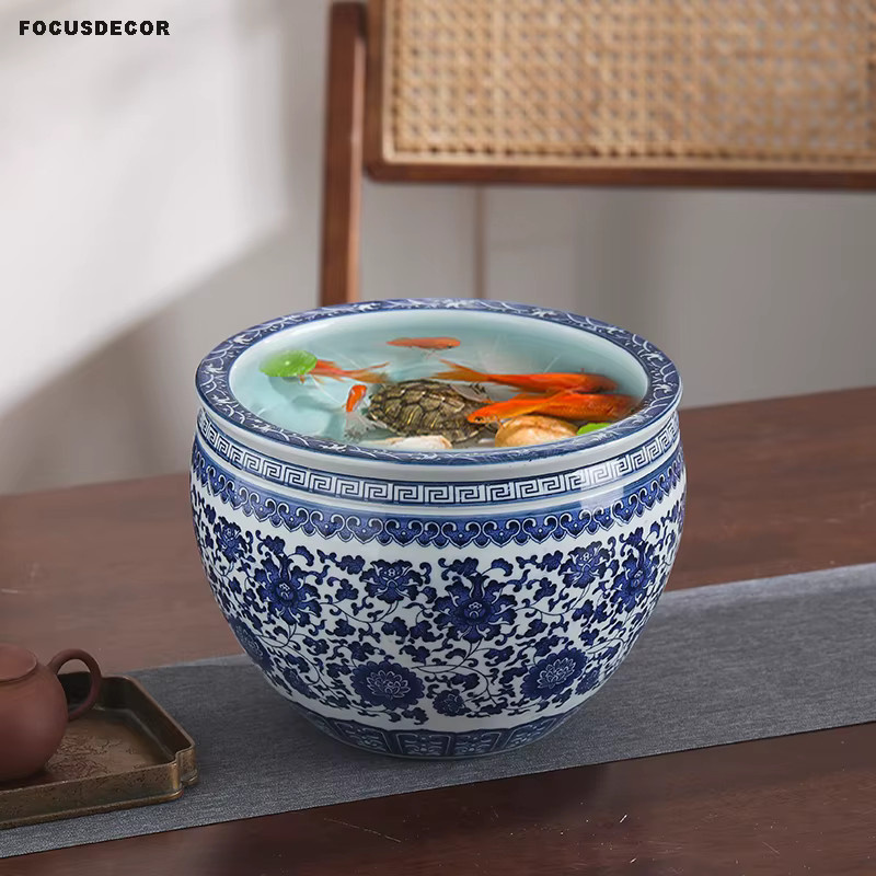 FOCUSDECOR Porzellan Blumentopf im chinesischen Stil, Blau-Weiß, Floral - Bild 3