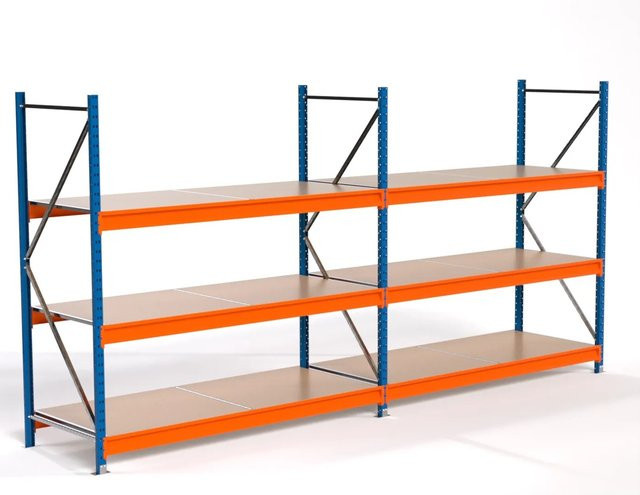PROREGAL Industrie Weitspannregal MAXIMUS PRO Lagerregal mit 2 Feldern und 3 Spanplatten-Fachböden, Blau/Orange, H: 200 cm, B: 400 cm, T: 80 cm - Bild 1