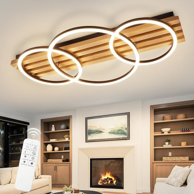GBLY LED-Deckenleuchte aus Holz mit 3 Ringen, dimmbar mit Fernbedienung, 46W, Durchmesser: 70 cm, Weiß - Bild 1