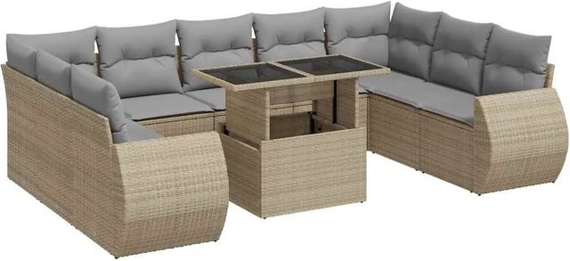 vidaXL 10-tlg. Garten-Sofagarnitur in L-Form aus Poly-Rattan in Beige-Grau mit UV-beständigen Kissen und pulverbeschichtetem Stahlgestell - Bild 1