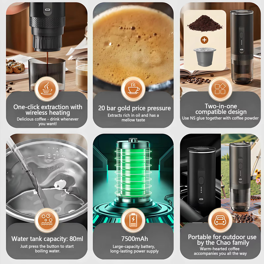 Betuyoo Tragbare Kapsel-Kaffeemaschine in Schwarz, 2-in-1 Espressomaker für Nespresso Original Kapseln und gemahlenen Kaffee mit 20 Bar Druck und 7500mAh Akku - Bild 5