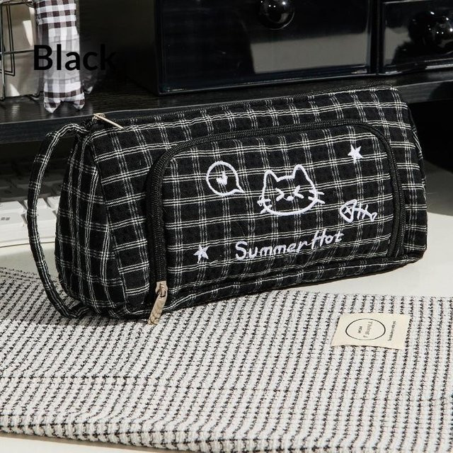 A Family Of Home Textiles Federmäppchen mit Katzenstickerei aus Baumwolle und Canvas, Schwarz, Große Kapazität - Bild 1