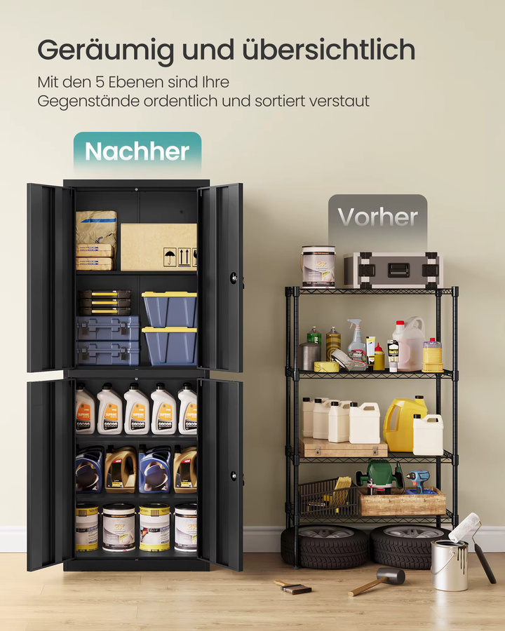 SONGMICS Aktenschrank aus Metall in Schwarz Matt mit 4 Schranktüren und 2 Schlössern, B/T/H: 40 x 40 x 180 cm - Bild 3