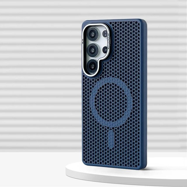 Magnetische Stoßfänger Hülle mit Wabenmuster für Samsung Galaxy S24, S23 Plus und S22 Ultra in Blau mit Linsenhalter und Unterstützung für kabelloses Laden - Bild 1