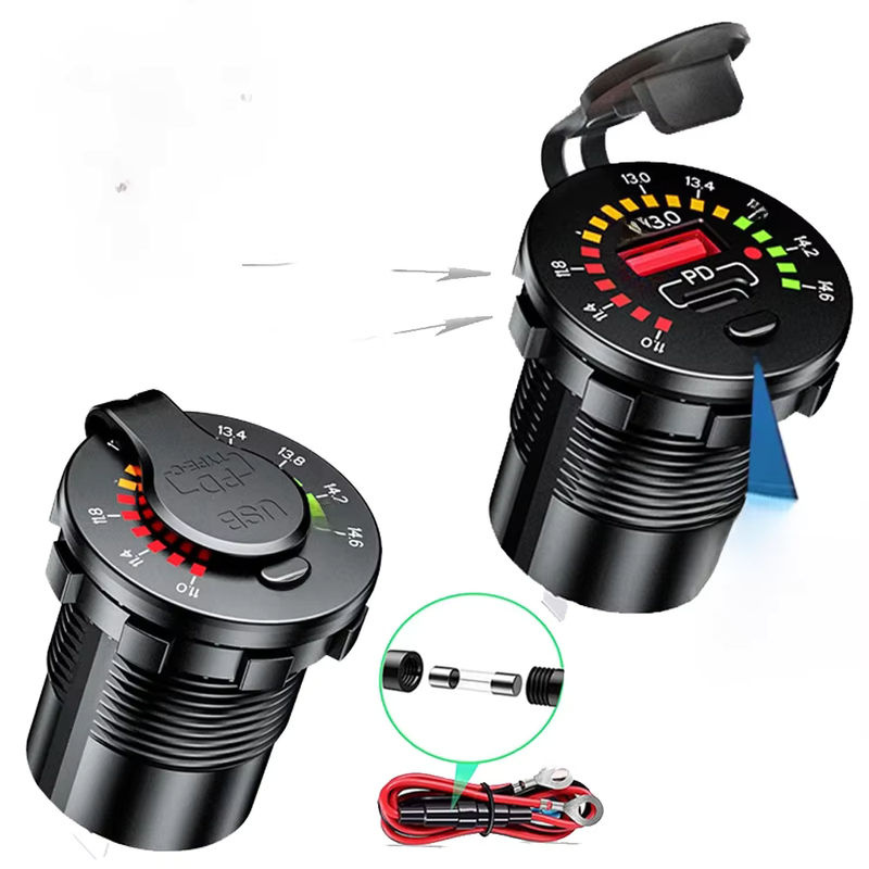 Velev 45W Schnellladegerät mit QC 3.0 und USB-C PD-Anschluss, 12V/24V Auto-Ladegerät mit LED-Voltmeter und EIN/AUS-Schalter, wasserdicht, Schwarz - Bild 7