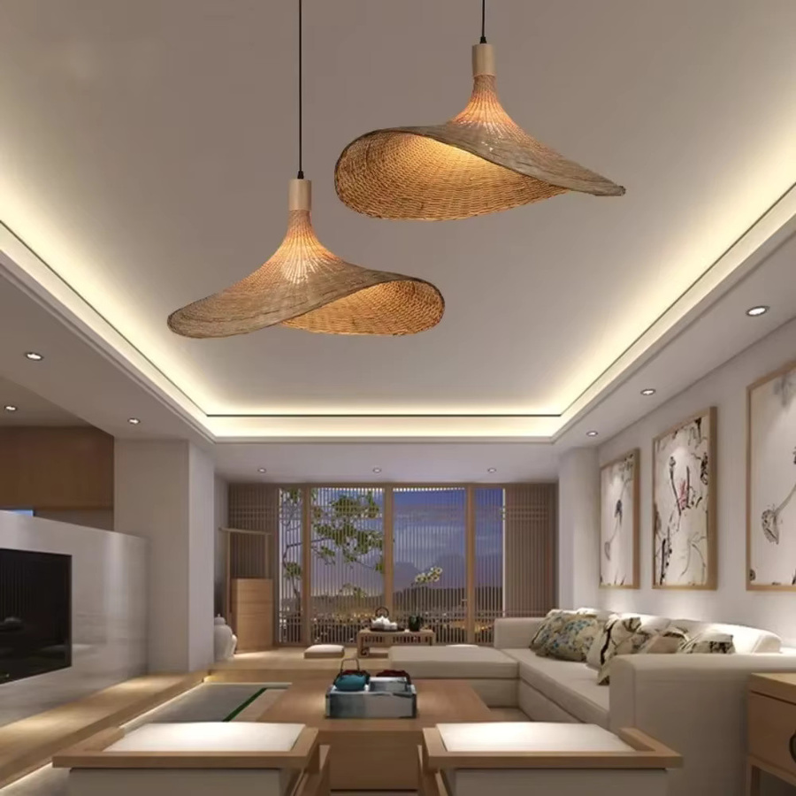 JOYINLED Moderne Bambusleuchte aus Rattan in Braun, Kreativer chinesischer Hutschirm als Pendelleuchte für den Innenbereich, Durchmesser: 30 cm, 50 cm, 70 cm - Bild 2