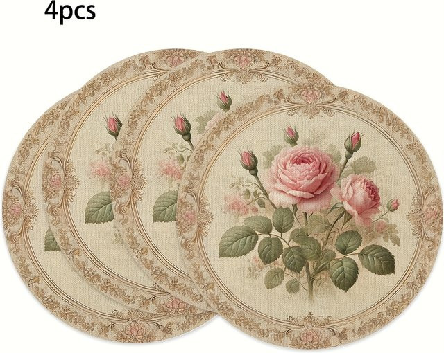 VIKAMA 4-teiliges wasserdichtes Tischset Set mit Vintage-Rose-Design für Restaurant und Zuhause - Bild 1