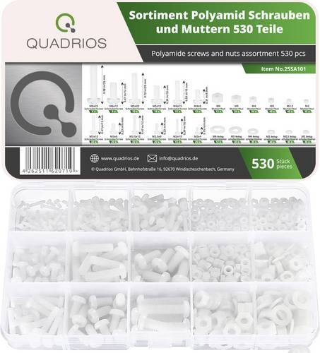 Quadrios 25SA101 Kunststoffschrauben-Sortiment aus Nylon mit Schrauben, Muttern und Unterlegscheiben in Beige und Weiß, 530 Teile - Bild 1