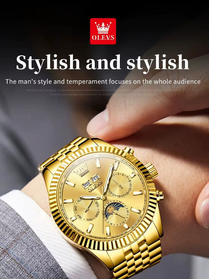 OLEVS Armbanduhr Automatik, Edelstahl, Gold, Bicolor, Mondphasen-Uhr, Herren - Bild 7